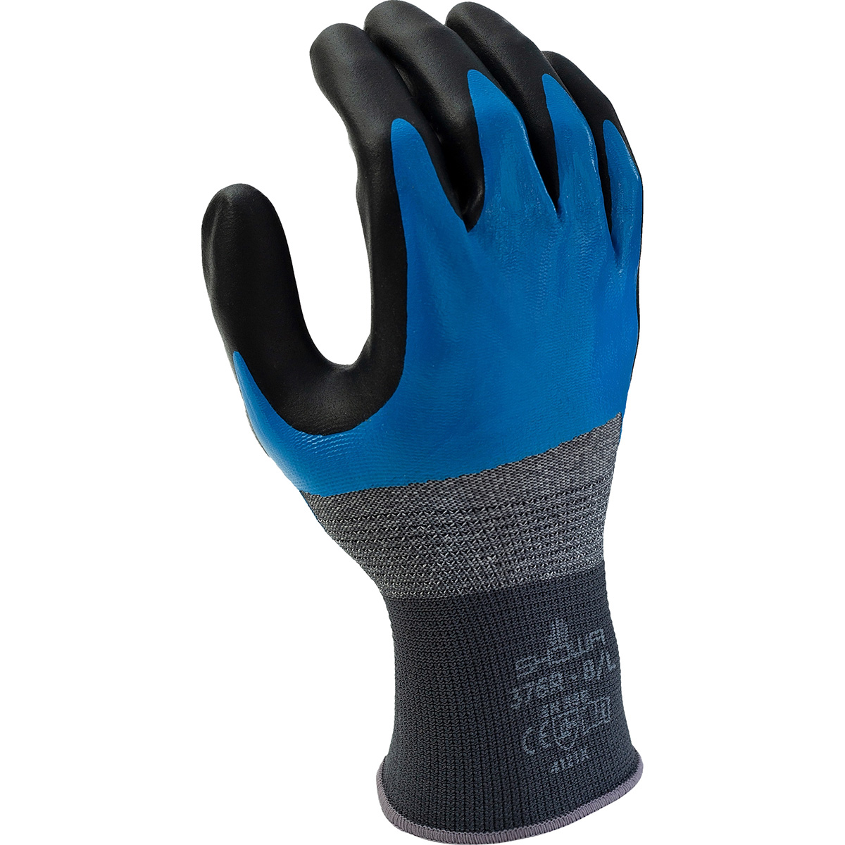 General purpose 3/4 nitrile blue undercoating w/black foamed palm coating, 13 gauge, 3/4 for over knuckle protection,  liquid resistant, seamless knitted liner, large - General Purpose
